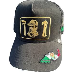 EL CHAPO GUZMAN 701 GOLD HAT 3 LOGOS MAPA EN LA VISERA BLACK MESH SNAPBACK